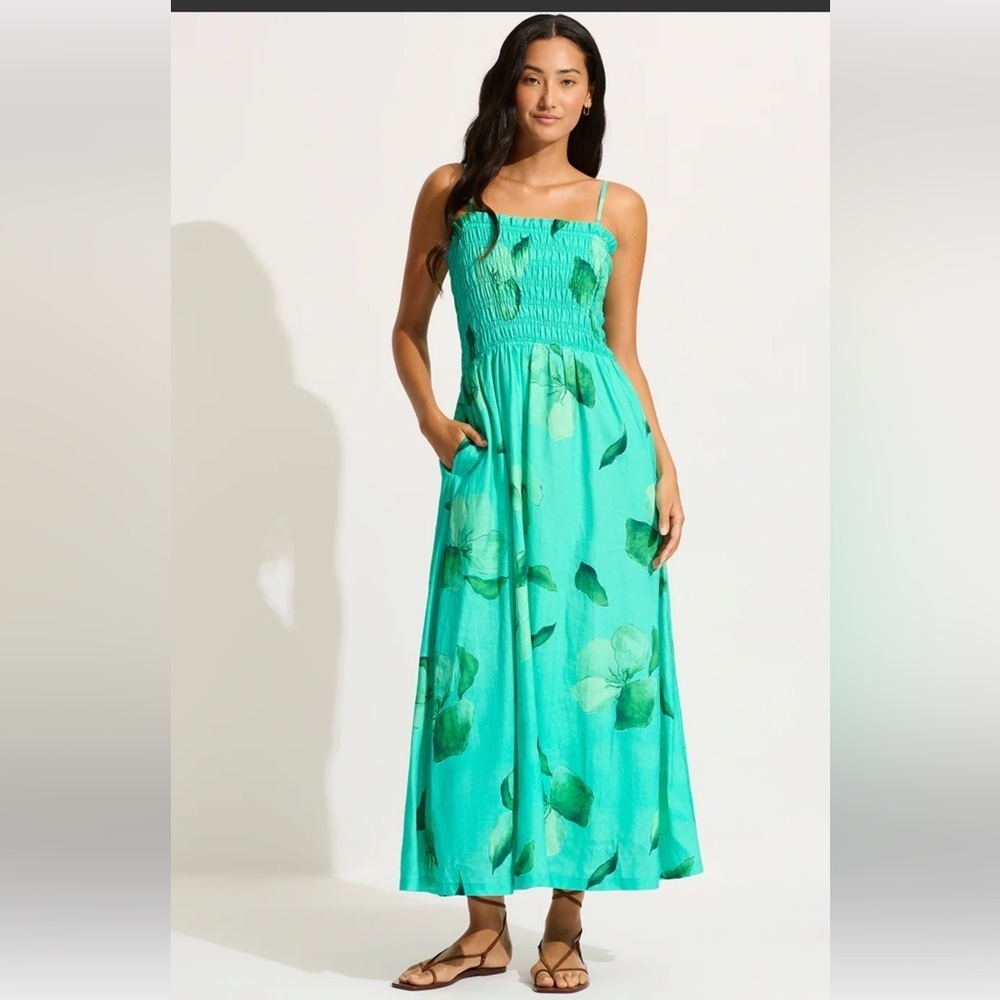 Seafolly Turquoise Strapless Dress with Leaf Pattern